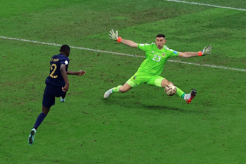 Martínez’s greatest moment was surely his sprawling save in the final seconds of extra-time to deny Randal Kolo Muani and France victory in the 2022 World Cup final in Qatar. Photograph: Buda Mendes/Getty Images