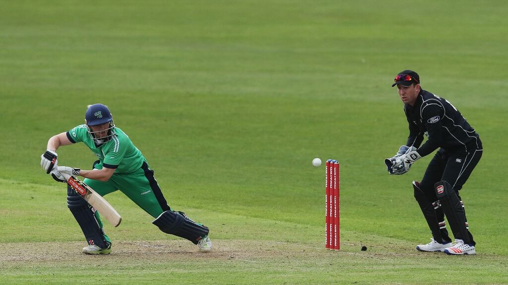 Ireland’s Niall O’Brien bats as New Zealand wicketkeeper Luke Ronchi looks on during the One-Day International Tri Nations Series match at Malahide Cricket Club. Photograph: Brian Lawless/PA Wire