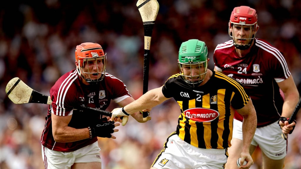 Galway’s Conor Whelan and Jonathan Glynn with Paul Murphy of Kilkenny during the Leinster final replay at Semple Stadium in Thurles. Photograph: Ryan Byrne/Inpho