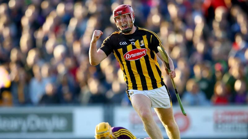 Kilkenny’s Adrian Mullen celebrates scoring his side’s opening goal in the Leinster SHC round-robin game against Wexford. Photograph: James Crombie/Inpho