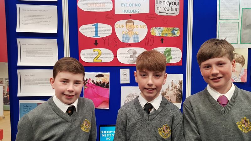 First year students from Gonzaga College Dublin Daragh Cahill (14), Eoghan Kelly (13) and Ben Lynch (13) who explored the implications of blindness on one’s ethical outlook.