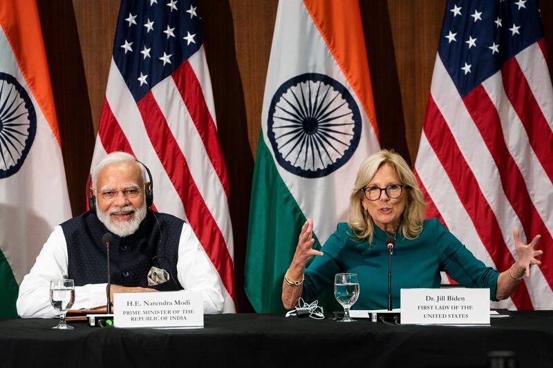 PM Narendra Modi and US First Lady Jill Biden visit the National Science Foundation in Alexandria, Virginia during the Indian leader's state visit to the US. Photograph: Will Oliver/EPA-EFE