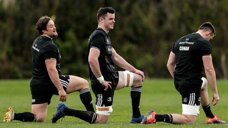 Andrew Porter, James Ryan and Jack Conan during Leinster training. Photo: Laszlo Geczo/Inpho