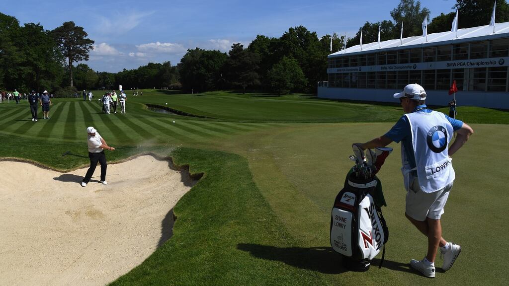 Shane Lowry plays from a bunker during the BMW PGA Championship Pro-Am at Wentworth. Photograph:  Ross Kinnaird/Getty Images