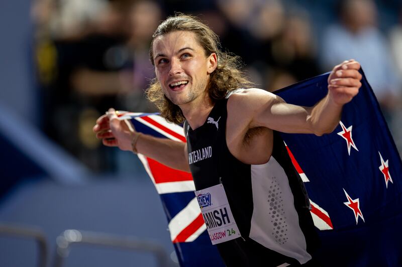 Geordie Beamish celebrates winning gold in the World Athletics Indoor Championship in Glasgow. Photograph: Morgan Treacy/Inpho