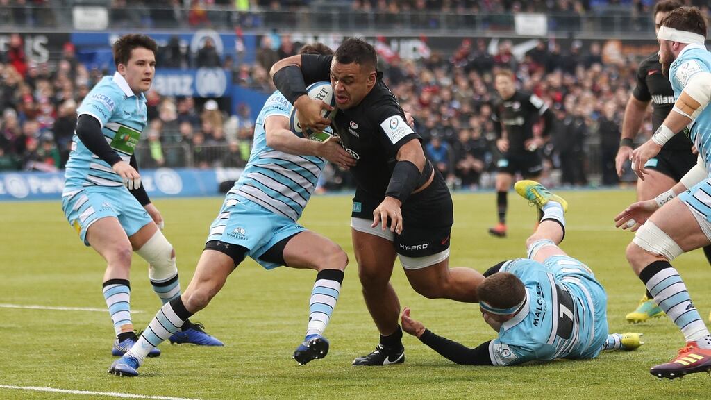 Billy Vunipola scores Saracens’  third try during the Heineken  Challenge Cup pool three match against Glasgow  at Allianz park. Photograph: David Davies/PA Wire