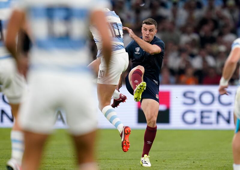 Argentina's Santiago Carreras (left) runs into England's George Ford, for which the Argentina player received a yellow card. Photograph: Andrew Matthews/PA Wire.