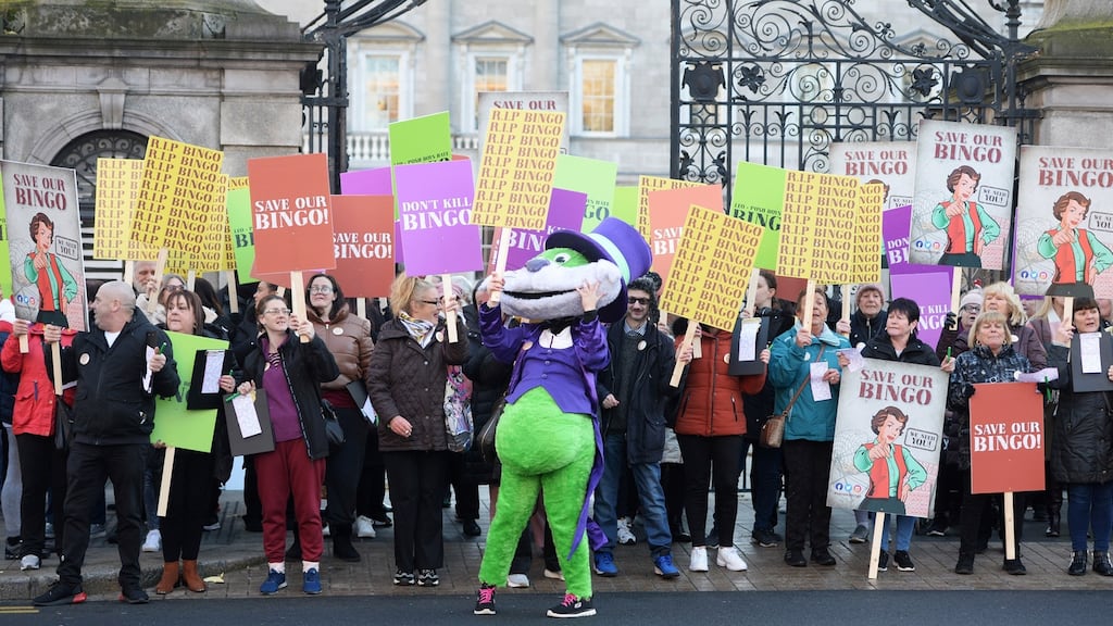 Protesters against Government plans for bingo outside the Dáil on Tuesday. Photograph: Dara Mac Donaill