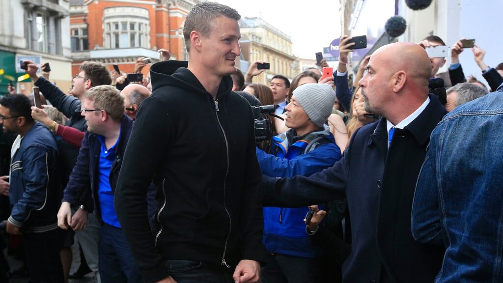 Robert Huth pictured arriving at San Carlo Pizzeria in Leicester as celebrations continue after Leicester City’s Premier League triumph. The German player has been charged with violent conduct by the FA after a clash with Manchester United’s Marouane Fellaini, who also faces charges. Photograph: Jonathan Brady/PA Wire