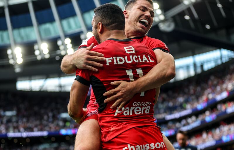Toulouse’s Matthis Lebel celebrates scoring his try with Antoine Dupont. Photograph: James Crombie /Inpho