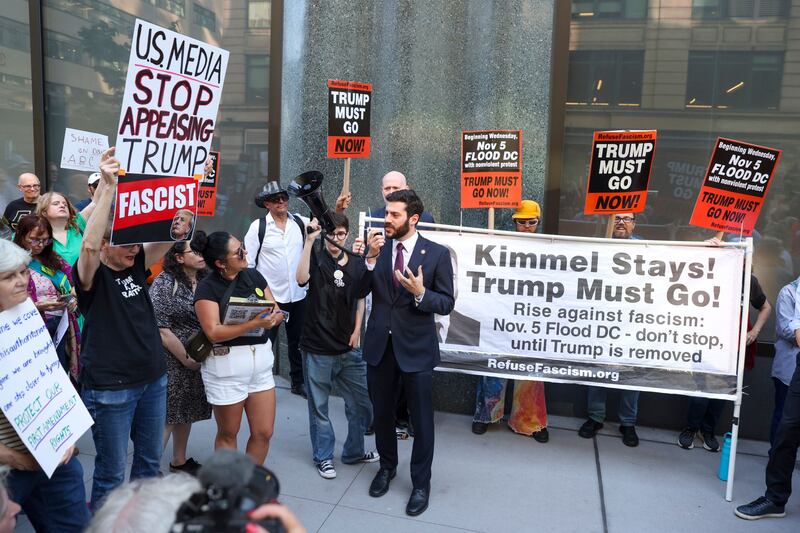 People protest outside an ABC office in New York on Thursday following Kimmel's suspension. Photograph: Sarah Yenesel/EPA