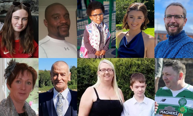 Top left to right: Leona Harper (14), Robert Garwe (50), Shauna Flanagan-Garwe (5) Jessica Gallagher (24) and James O'Flaherty (48). Bottom left to right: Martina Martin (49), Hugh Kelly (59), Catherine O'Donnell (39) with her son James Monaghan (13), and Martin McGill (49). The 10 victims of an explosion at an Applegreen service station in Creeslough, Co Donegal, on October 7th, 2022. Photograph: An Garda Síochána