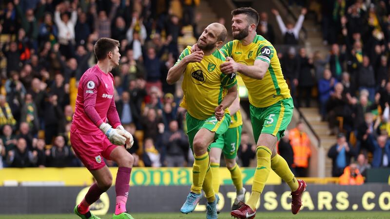Teemu Pukki celebrates scoring for Norwich City against Burnley at Carrow Road. Photograph: Paul Harding/Getty Images