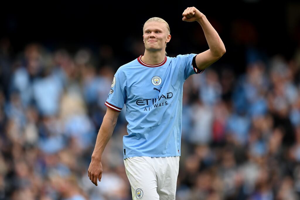 City's Erling Haaland celebrating his team's victory over Manchester United at Etihad Stadium on Sunday. Photograph: Michael Regan/Getty Images