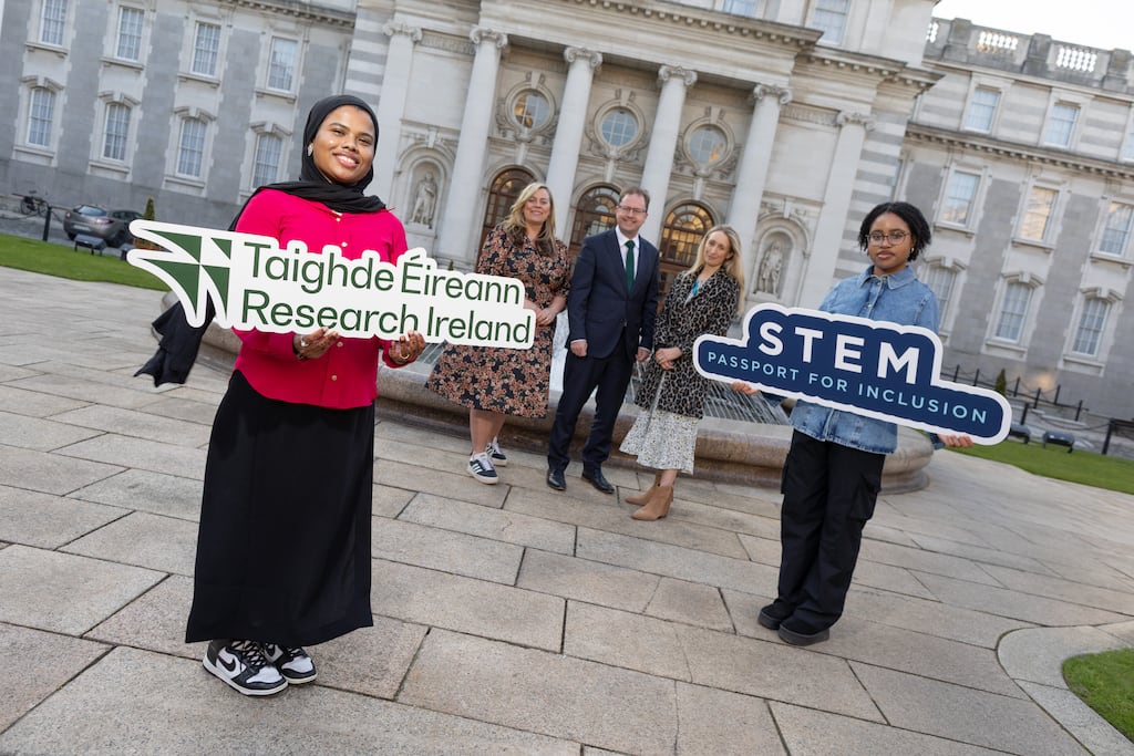 Sumaya Jerin (Stem Passport graduate); funding awardee Prof Katriona O’Sullivan (Maynooth University, and All-Ireland Stem Passport for Inclusion Project Lead); Minister for Further and Higher Education, Research, Innovation and Science, James Lawless; Dr Ruth Freeman, director of research for society at Research Ireland; and Peri-Elki Manyi Tiendioh (Stem Passport graduate) at the announcement of a €6.5 million Research Ireland investment for 40 Stem projects