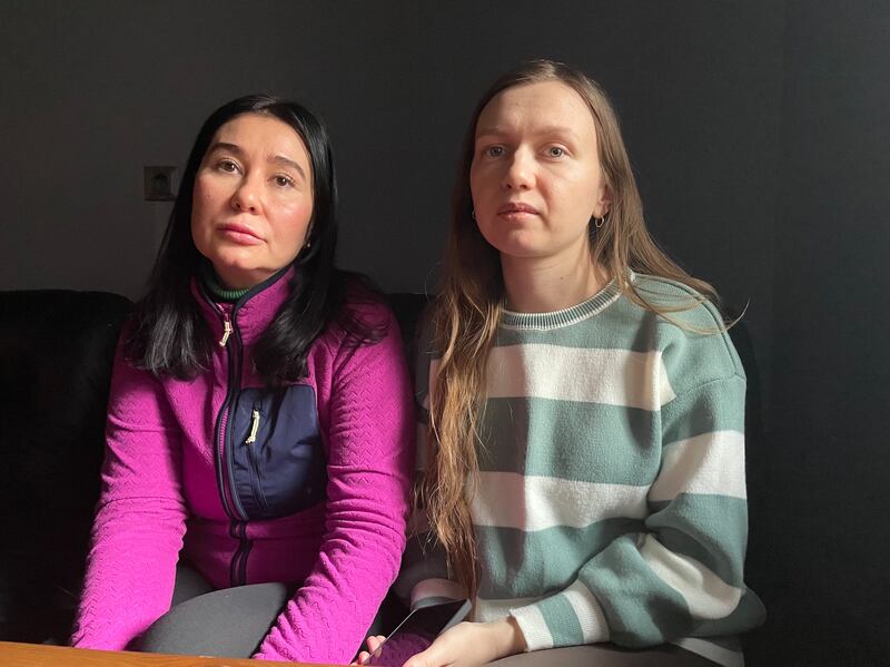 Anastasiia Hondiul and Anna Lobova are campaigning for the release from Russian captivity of their husbands, Ukrainian soldiers Artem Hondiul and Oleh Lobov. The men were wounded in an explosion in the Russian-run Olenivka prison in July 2022 that killed dozens of Ukrainian prisoners of war and injured more than 100. Photograph: Daniel McLaughlin