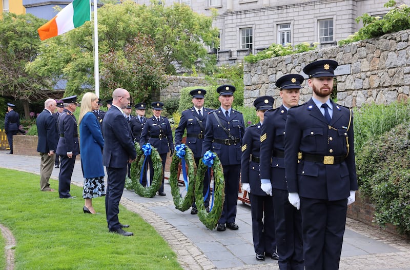 Minister for Justice Helen McEntee with the Garda Commissioner Drew Harris, Det Insp Michael Griffin and Joe Dirwan at the annual Garda Memorial Day. Photograph: Dara Mac Dónaill