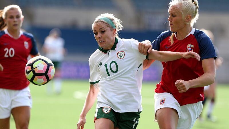 Denise O’Sullivan is challenged by Norway’s Maria Thorisdottir. Photograph: Andrew Halseid Budd/Inpho