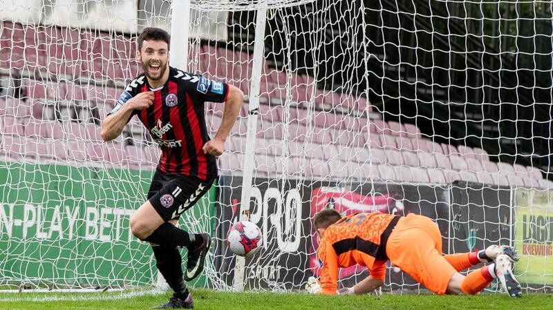 Bohemians’ Kevin Devaney celebrates scoring a goal in the SSE Airtricity Premier Division match against Limerick at Dalymount Park. Photograph: Morgan Treacy/Inpho