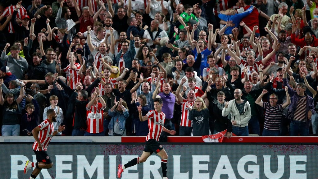 Brentford’s Christian Norgaard celebrates after scoring against Arsenal. Photograph: Ian Walton/AP