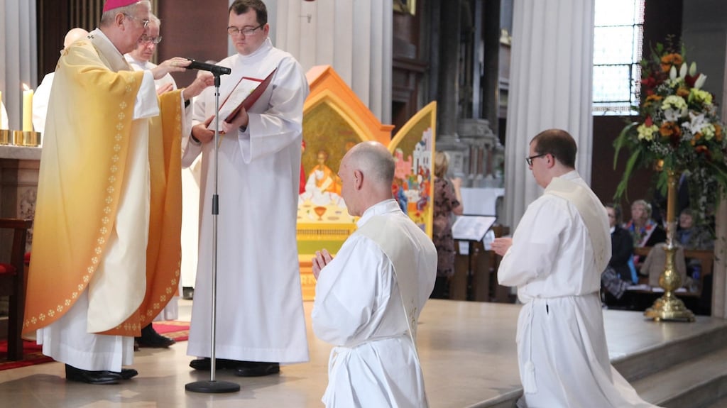 Archbishop Diarmuid Martin ordains James Daly and Bill O’ Shaughnessy to the priesthood for the Dublin Diocese. Photograph: John Mc Elroy