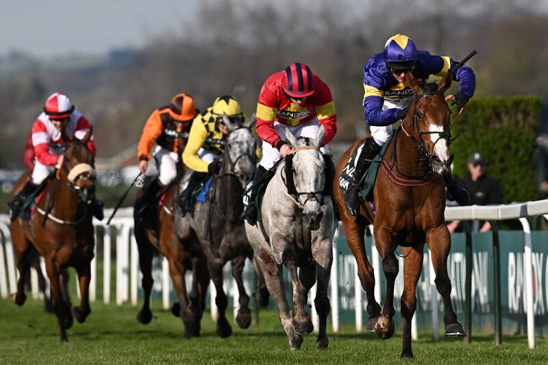 Jockey Derek Fox rides Corach Rambler (right) on the run-in, ahead of Vanillier (second right), to win the Grand National at Aintree in April. Photograph: Getty Images