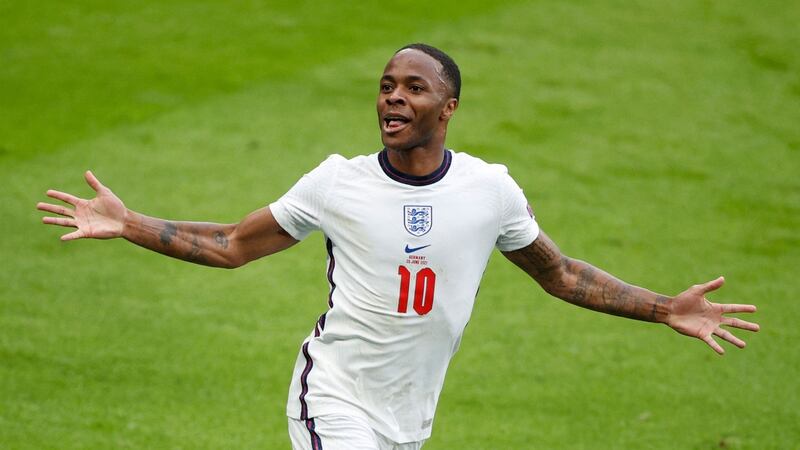 England’s Raheem Sterling celebrates the first goal against Germany at Wembley. Photograph: John Sibley/AFP/Getty