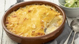 Gratin of smoked mackerel and turnip with spiced pickled cucumber