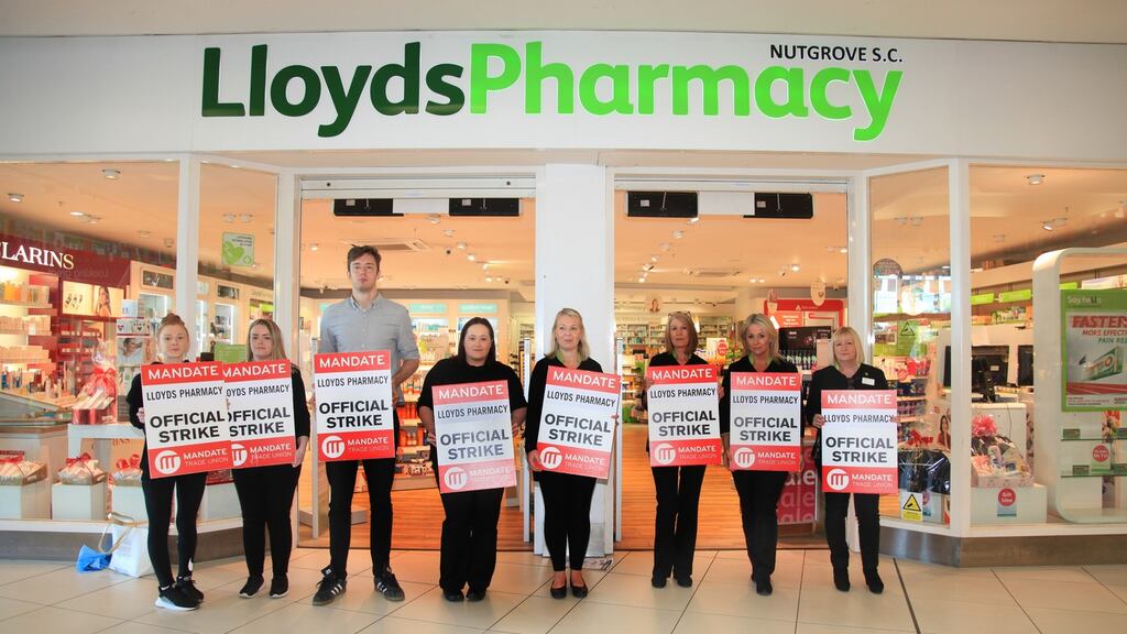 Members of the trade union Mandate picketing at Lloyds Pharmacy in Nutgrove Shopping Centre, Rathfarnham, in June. Photograph: Garrett White