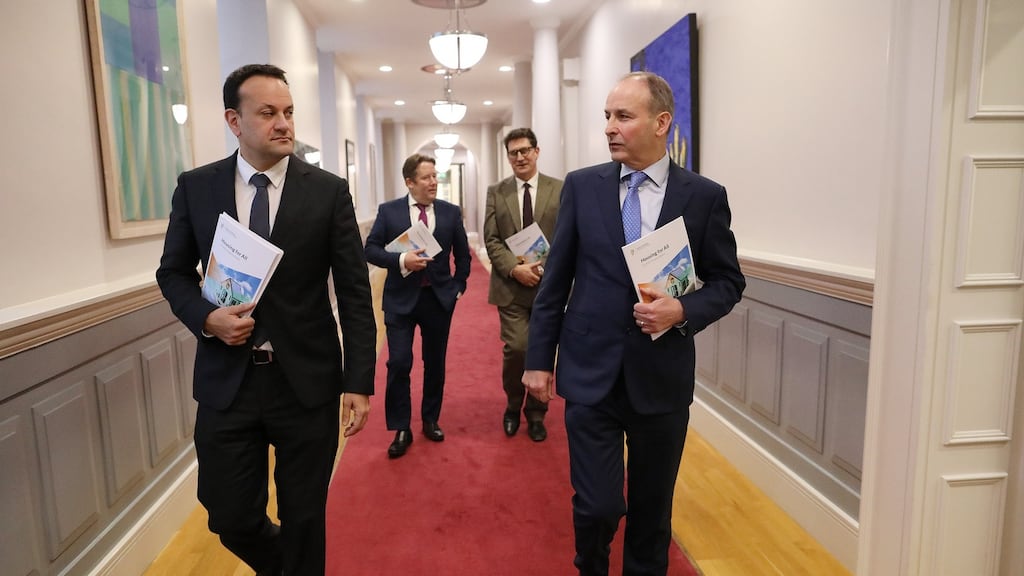 Tánaiste Leo Varadkar,  Minister for Housing Darragh O’Brien,   Minister for the Environment Eamon Ryan  and Taoiseach Micheál Martin: The gap between announcement and actual delivery of houses can be a decade.