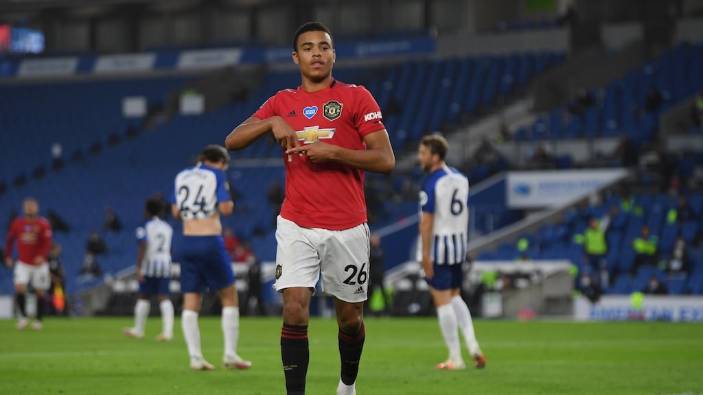 Mason Greenwood celebrates after scoring for Manchester United against Brighton. Photograph: Mike Hewitt/Getty