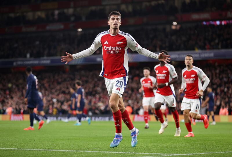 Kai Havertz celebrates scoring Arsenal's first goal in their 2-0 win over PSG at the Emirates last October. Photograph: Julian Finney/Getty Images