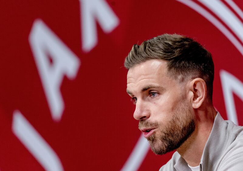Jordan Henderson at his official presentation for Ajax in Amsterdam on Friday where there is a sense of cautious expectation at the Dutch club. Photograph: Getty Images