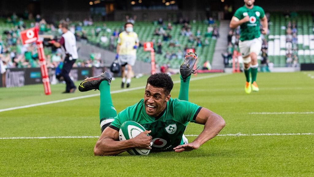 Robert Baloucoune scores a try on his Ireland debut against the USA. Photograph: Bryan Keane/Inpho