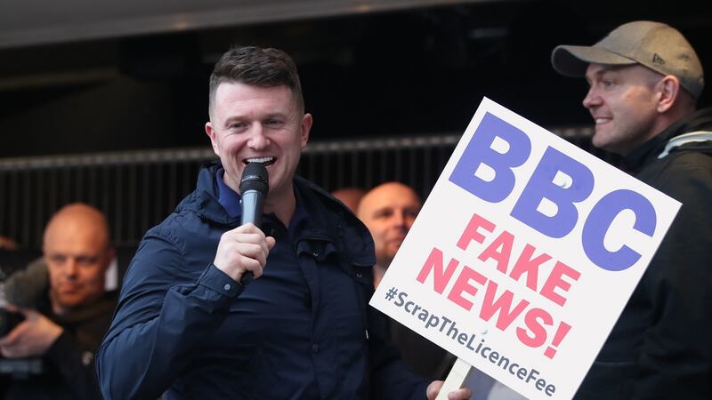 Tommy Robinson addresses a protest over the BBC’s Panorama programme outside the BBC in MediaCityUK, Salford on Februrary 23rd. Photograph: Danny Lawson/PA Wire