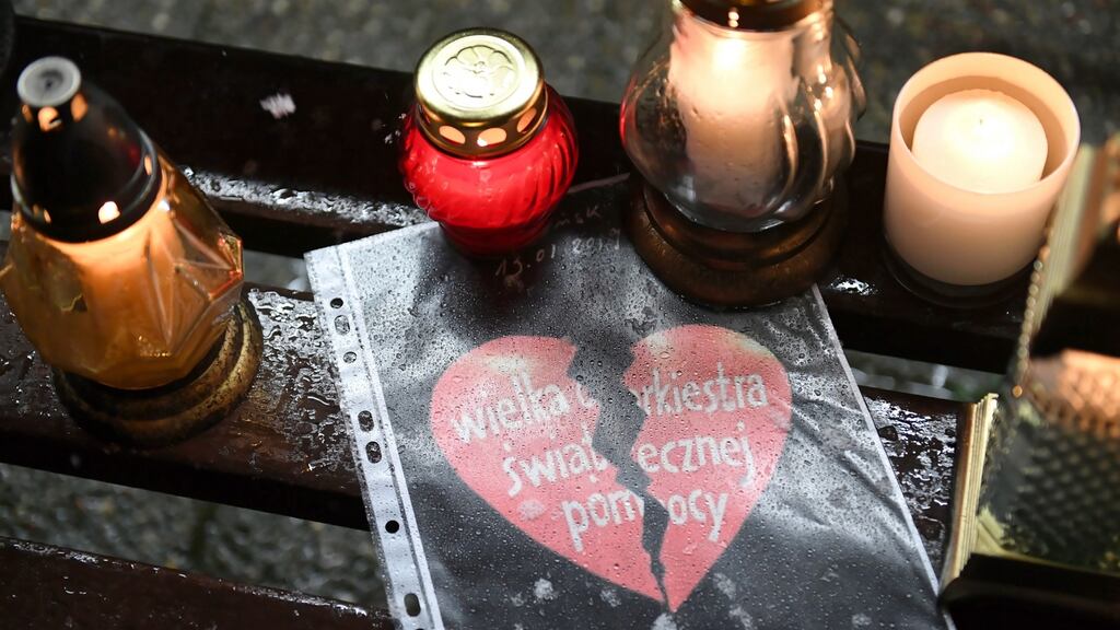 Candles in front of the City Hall in Gdansk, Poland where people paid homage to the deceased mayor of the city, Pawel Adamowicz.. Photograph: Adam Warzawa/EPA