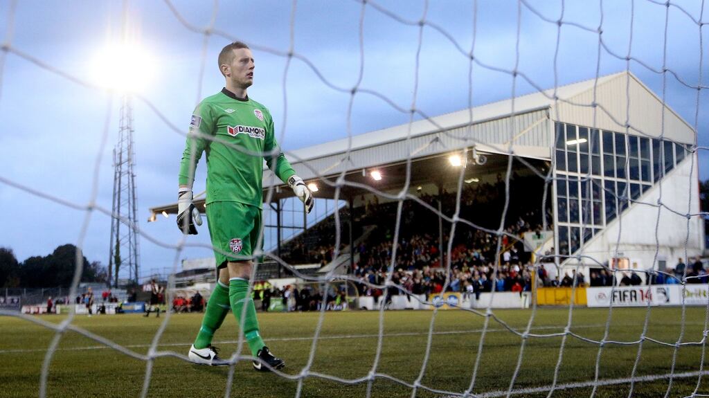 Finn Harps goalkeeper Ciaran Gallagher saved a late penalty from Bohemians’ Anto Murphy. Photograph: James Crombie/Inpho