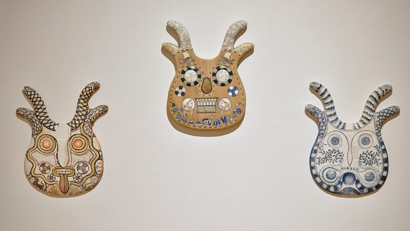 John Kindness, ‘Telemachaster’ guitar body, 2021, eggshell, fresco, enamel paint & ceramic inlay on beech wood, installation view. Photograph: Ros Kavanagh
