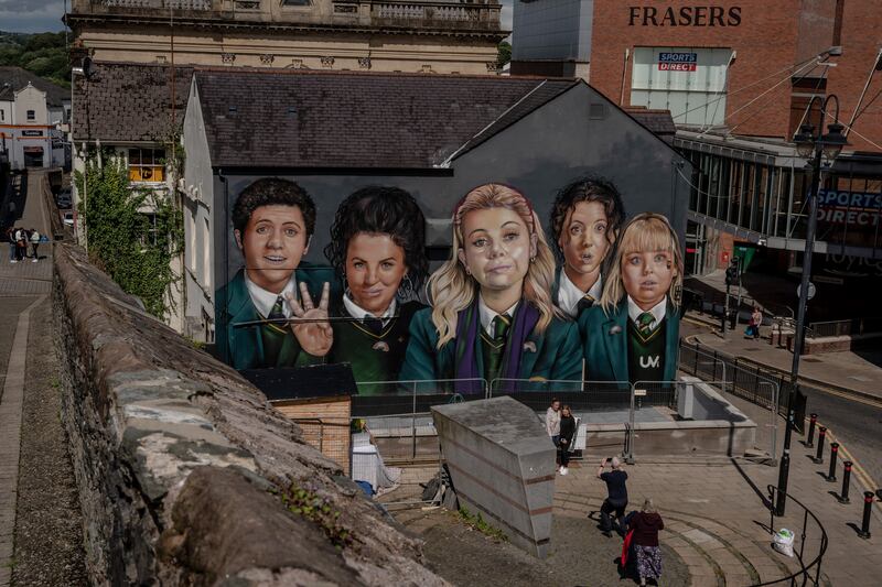 The Derry Girls mural on the side of Badgers Bar and Restaurant in Derry, Northern Ireland. Photograph: Andrew Testa/New York Times
