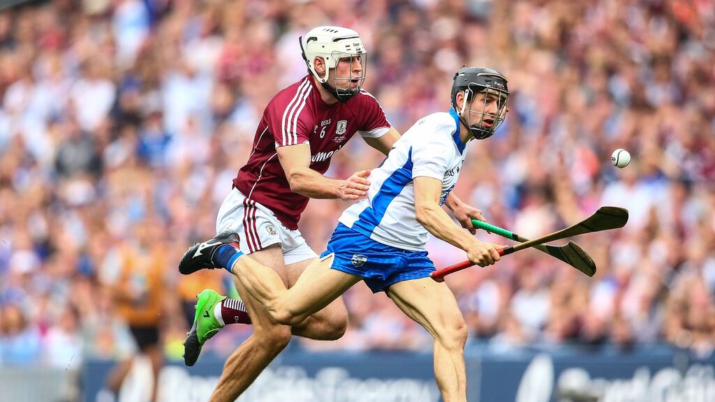 Galway’s Gearóid McInerney and Jamie Barron of Waterford in the senior All-Ireland final at Croke Park. Both have collected an All-Star award. Photograph: Cathal Noonan/Inpho