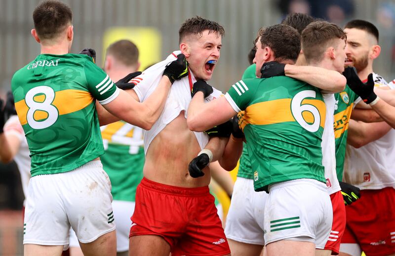 Kerry’s Jack Barry and Tadhg Morley clash with Michael McKernan of Tyrone at Healy Park, Omagh. Photograph: James Crombie/Inpho