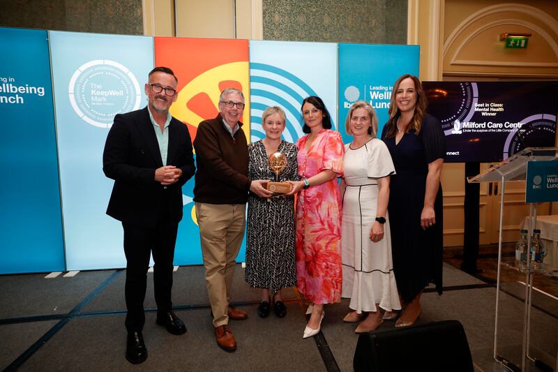 Milford Care Centre staff Declan Deegan, head of human resources; Mary Jo Meehan, staff support; Caroline Carey, acting head of education; and Marie Wright, chief pharmacist celebrate winning best in class, mental health, at the KeepWell Awards. Photograph: Conor McCabe