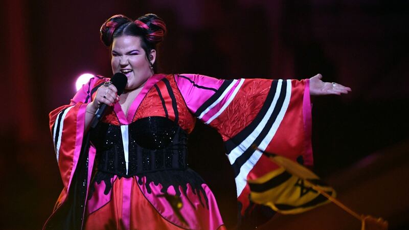 Israel’s singer Netta – noted for her exaggerated facial expressions and chicken dance – performs the song ‘Toy’ during the first semifinal. Photograph: AFP Photo/Francisco Leong