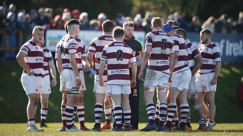 Seán O’Brien talks in the Tullow huddle during a Provincial Towns Cup game against Wicklow in 2018. Photograph: Oisín Keniry/Inpho