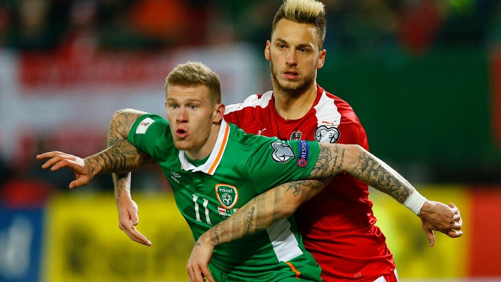Republic of Ireland goalscorer James McClean battles with Austria’s Marko Arnautovic at the Ernst-Happel Stadium, Vienna, Austria, during their World Cup Qualifying Group D encounter on Saturday night. Photograph: leonhard foeger/reuters