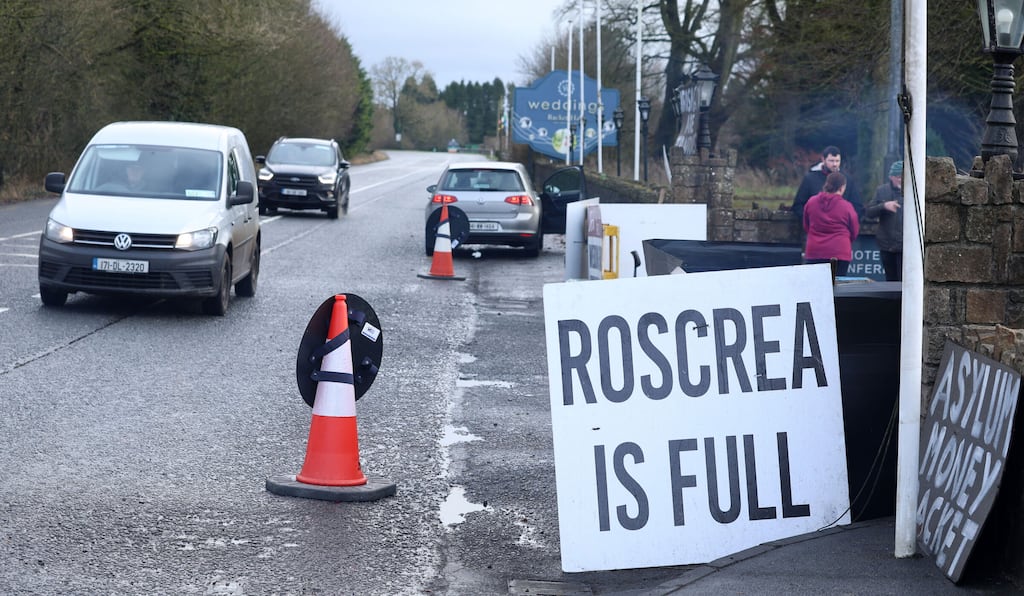 A protest at the Racket Hall hotel in Roscrea, Co Tipperary, where members of the public set up an encampment to prevent the use of the building to house refugees seeking international protection. The conflation of a refugee and asylum-seeker accommodation crisis underpinned by the broader housing crisis with general “immigration” is not just simplistic, it’s factually incorrect. Photograph: Sasko Lazarov/RollingNews.ie