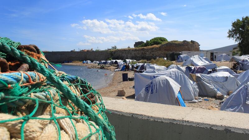 Souda camp: the rocky beach in front of the camp on the Greek island of Chios is a sea of tents, full of new arrivals for whom it has no room. Photograph: Jennifer Hough