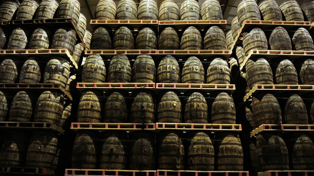 American oak barrels containing Jameson whiskey produced by Irish Distillers in Midleton, Co Cork