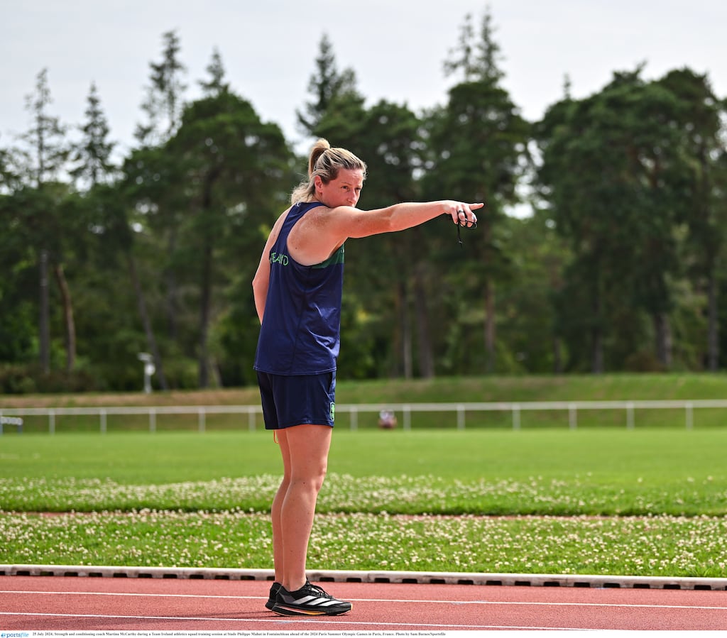 Strength and conditioning coach Martina McCarthy during a Team Ireland athletics squad training session in Fontainebleau ahead of last year's Paris Olympics. Photo by Sam Barnes/Sportsfile