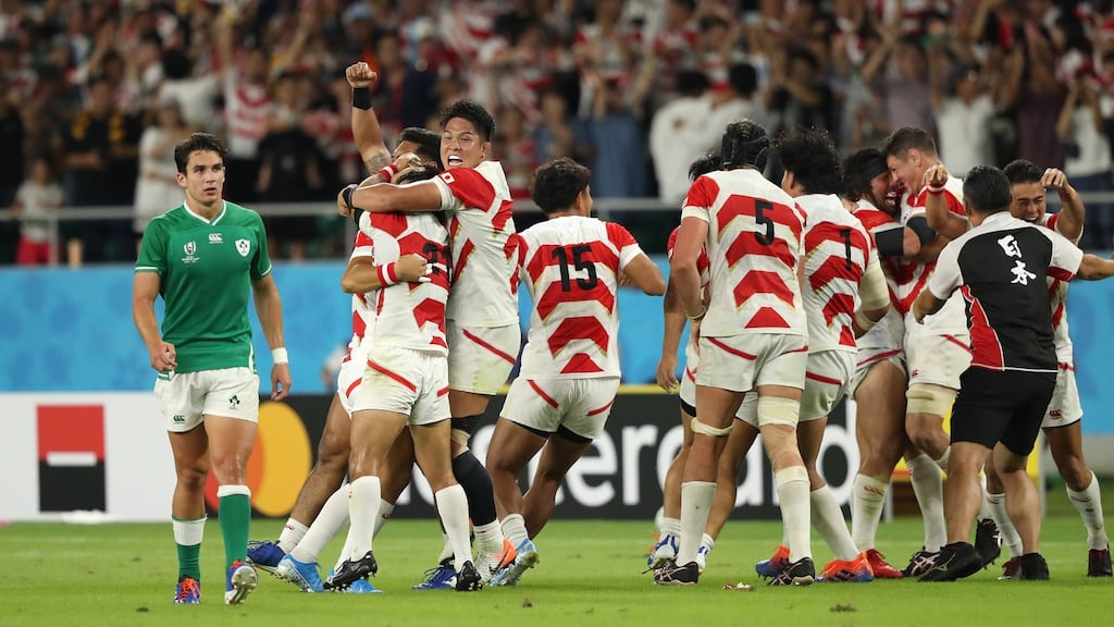 Ireland outhalf  Joey Carbery  looks on as the Japan team celebrate victory at  the final whistle after the Rugby World Cup  Group A game at the Ecopa stadium in  Shizuoka. Photograph: Stu Forster/Getty Images
